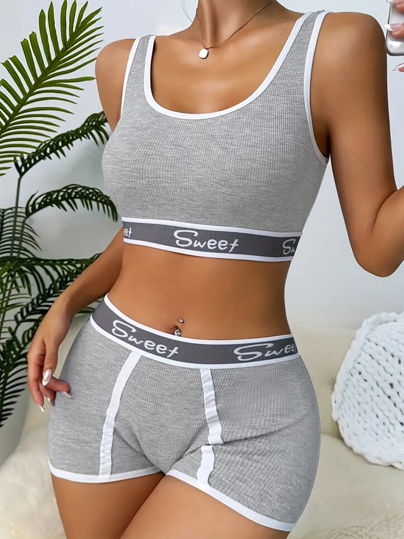 "Letter Print Bra Panties Ribbed Wireless Bra Elastic Panties "
